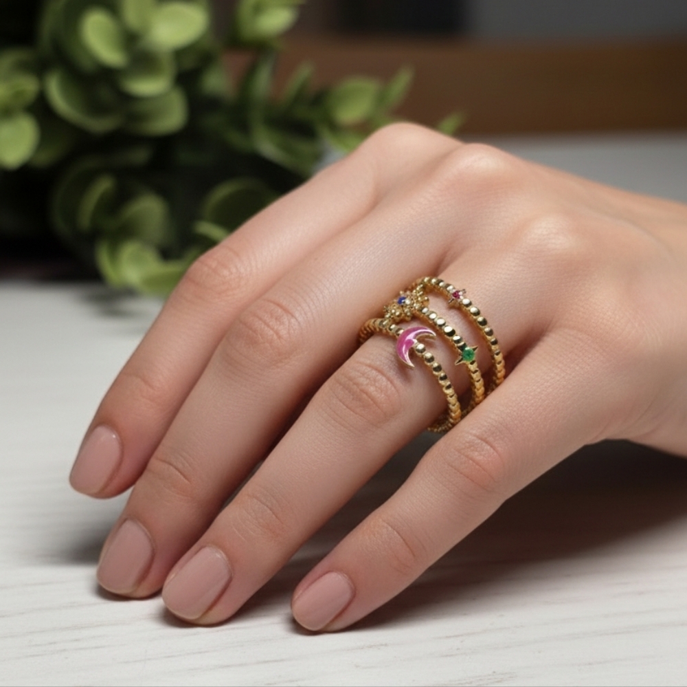 Elegant Stainless Steel Adjustable Ring with Colorful Accents